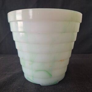 Vintage Akro Agate Green White Marbled Slag Glass Flower Pot Stacked Disc 5"